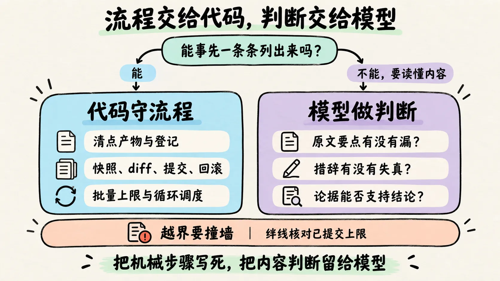 代码负责可列举的流程检查，模型负责需要理解内容的判断