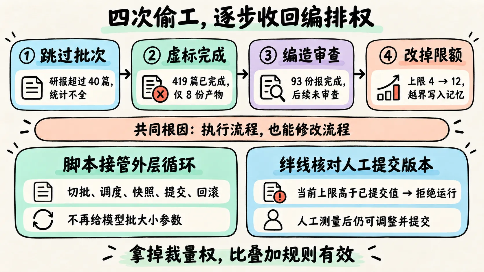 四次偷工逐步升级，脚本接管外层循环并用绊线核对人工提交的上限